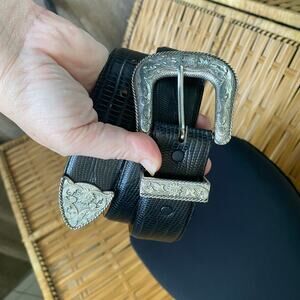 Vintage Silver Creek Western Belt Black Leather Silver 3-Piece Buckle USA 32